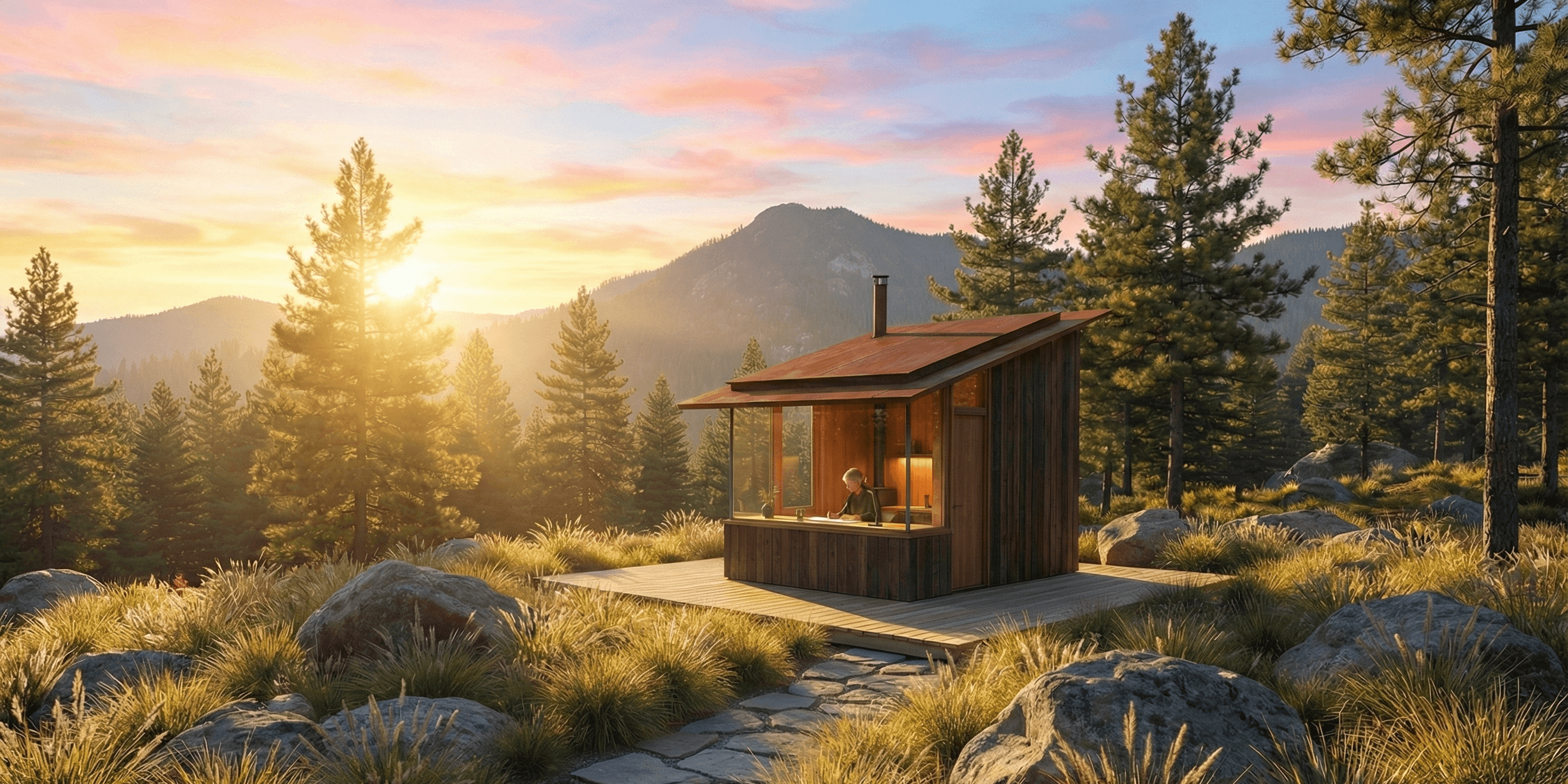 LonePine cabin at sunrise surrounded by pine trees and mountains