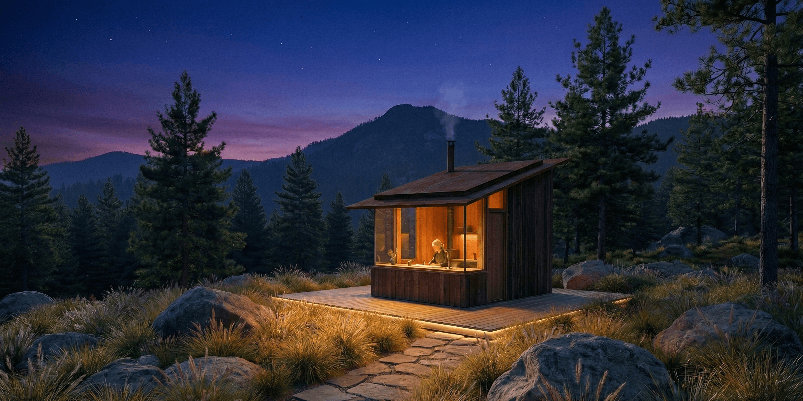 LonePine cabin at night under starry sky with warm interior glow