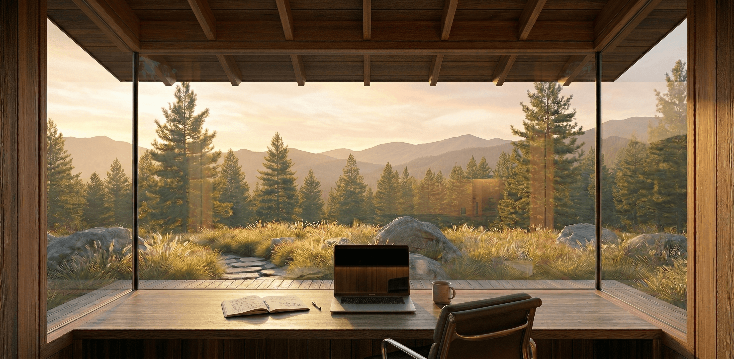Cabin desk overlooking pine forest and mountains at golden hour